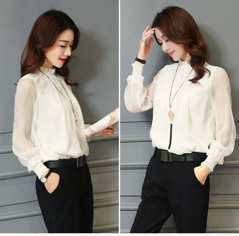 Elegant Chiffon Long Sleeve Blouse Tops