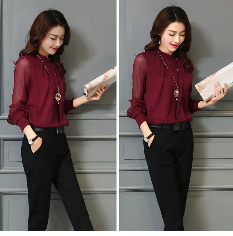 Elegant Chiffon Long Sleeve Blouse Tops