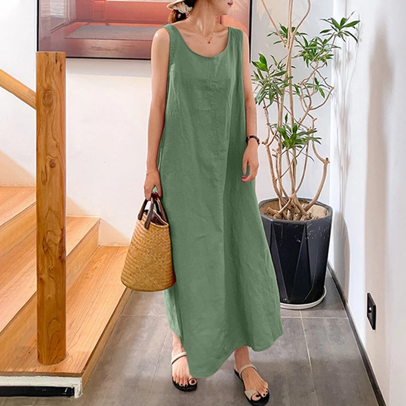 Loose Cotton Linen Pocket Round Neck Sleeveless Dress