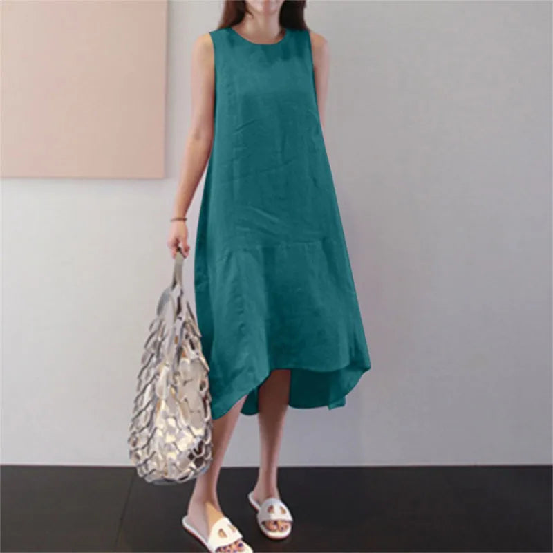 Loose Cotton Linen Pocket Round Neck Sleeveless Dress