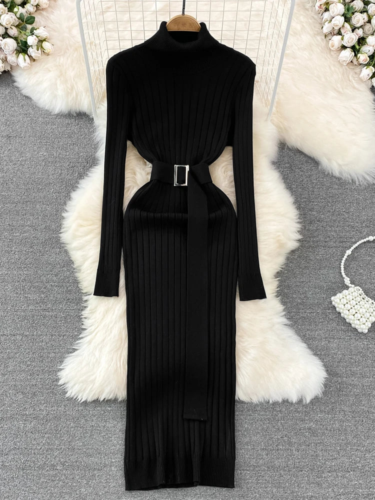 Ribbed Knit Full Sleeve Dress with Belt