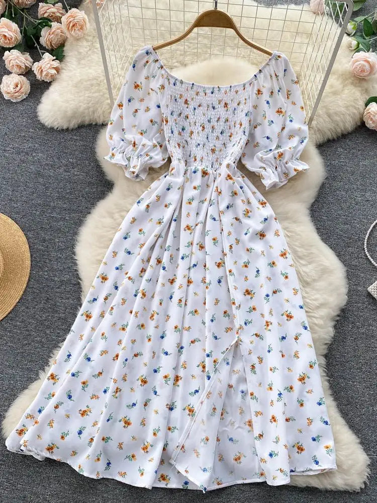 Romantic Floral Print Split Long Summer Dress