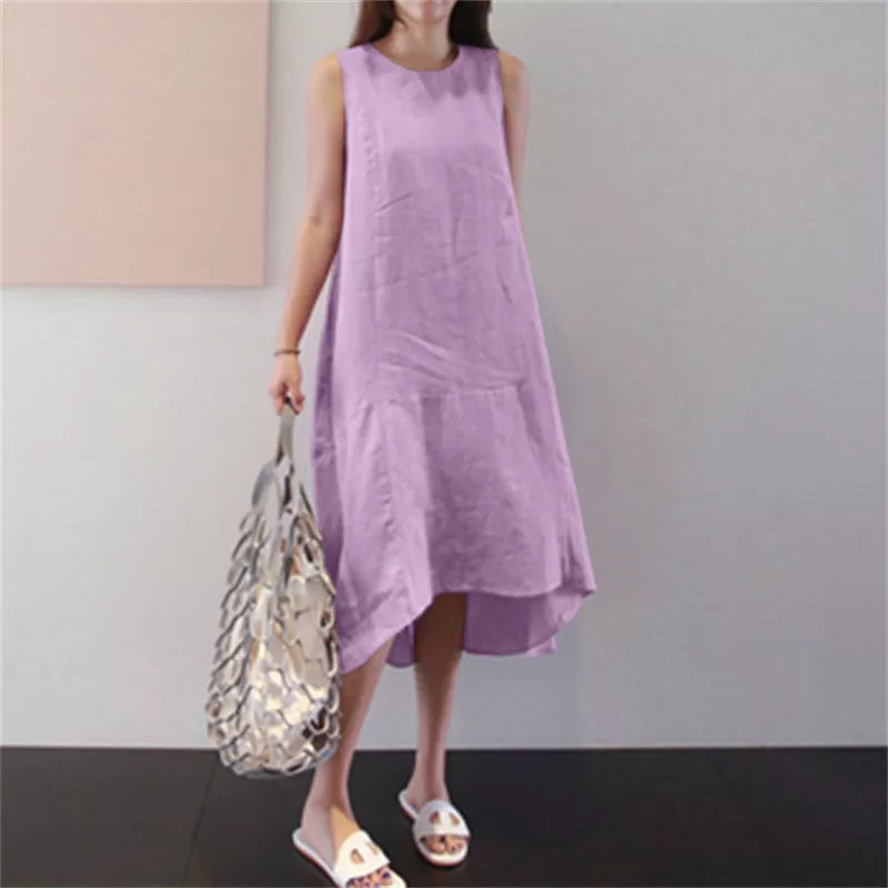 Loose Cotton Linen Pocket Round Neck Sleeveless Dress