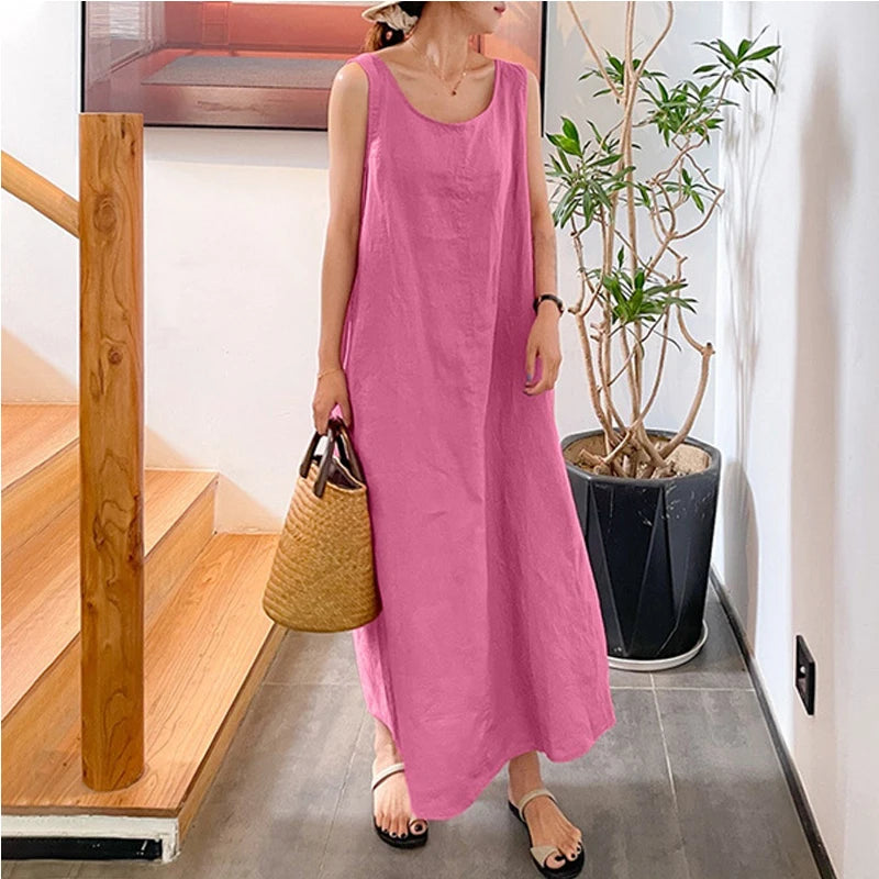 Loose Cotton Linen Pocket Round Neck Sleeveless Dress