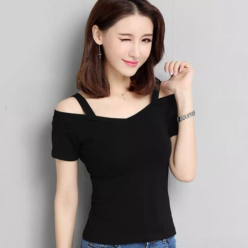 Off-Shoulder V-neck Tshirt Woman Top