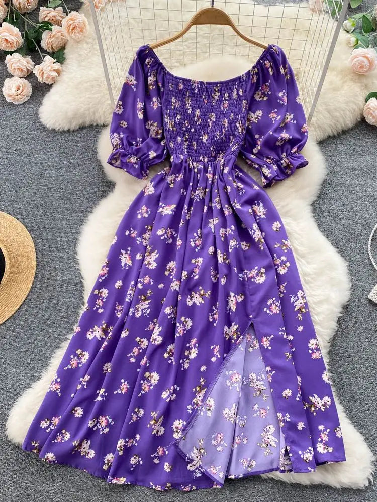 Romantic Floral Print Split Long Summer Dress