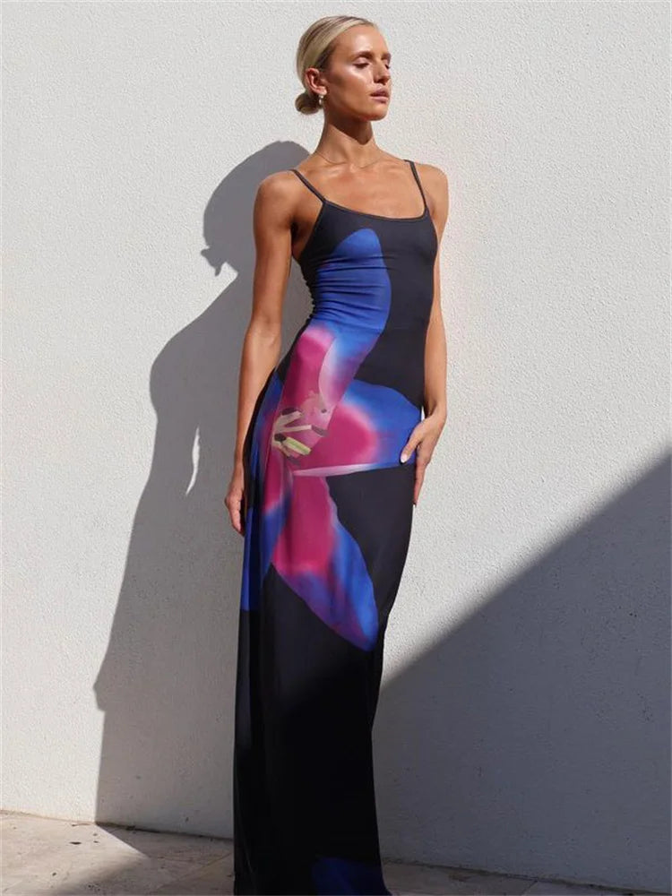 Printed Spaghetti Hot Backless Maxi Dress