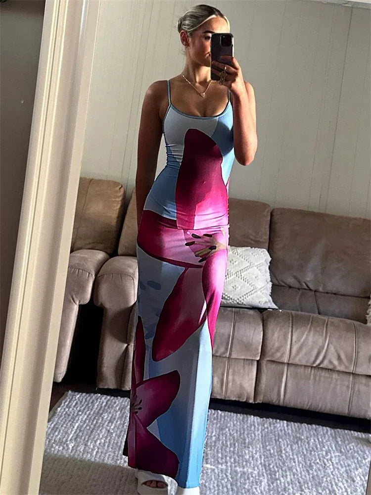 Printed Spaghetti Hot Backless Maxi Dress