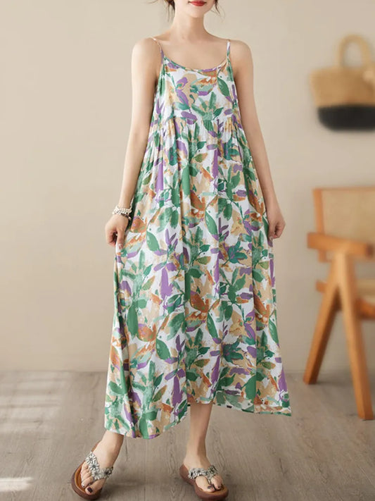 Sleeveless strap vintage floral dress