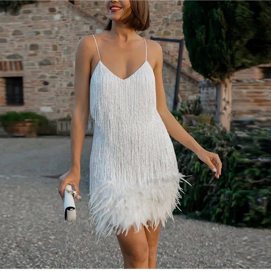 Spaghetti Strap Feather Mini Party Dress