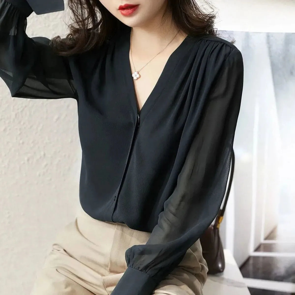 Elegant Chiffon Long Sleeve Blouse Tops