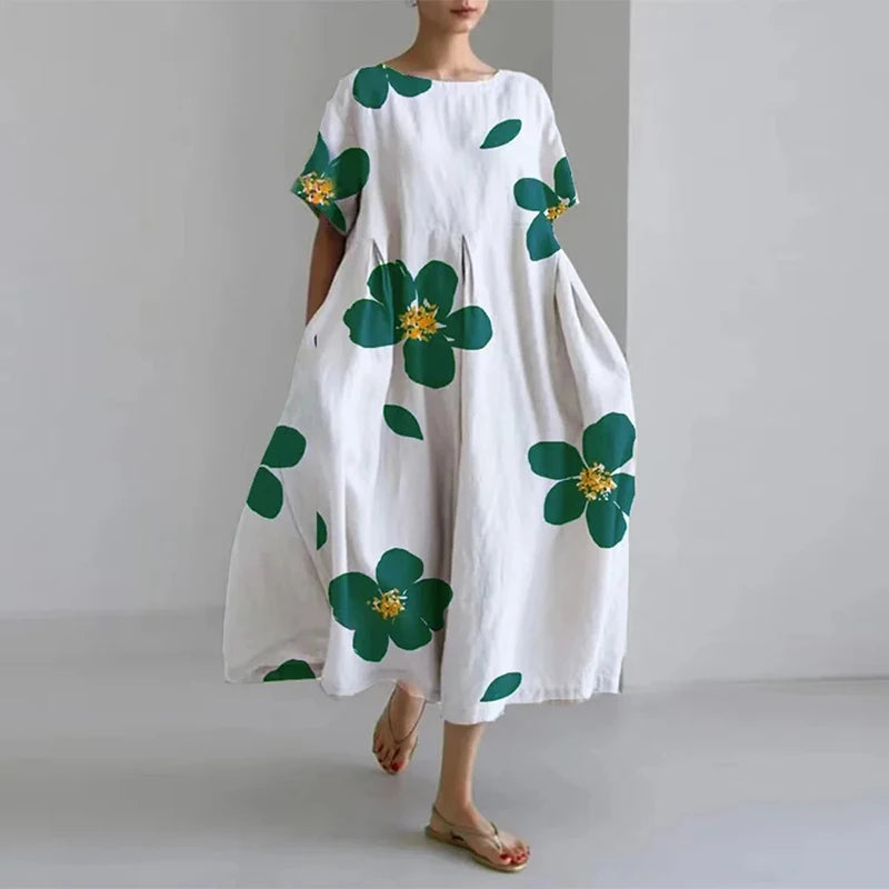 Casual Loose Dress Flower Printing O Neck Short Sleeve Dress