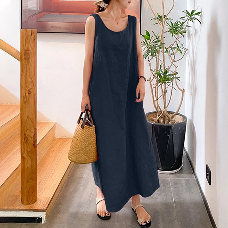 Loose Cotton Linen Pocket Round Neck Sleeveless Dress