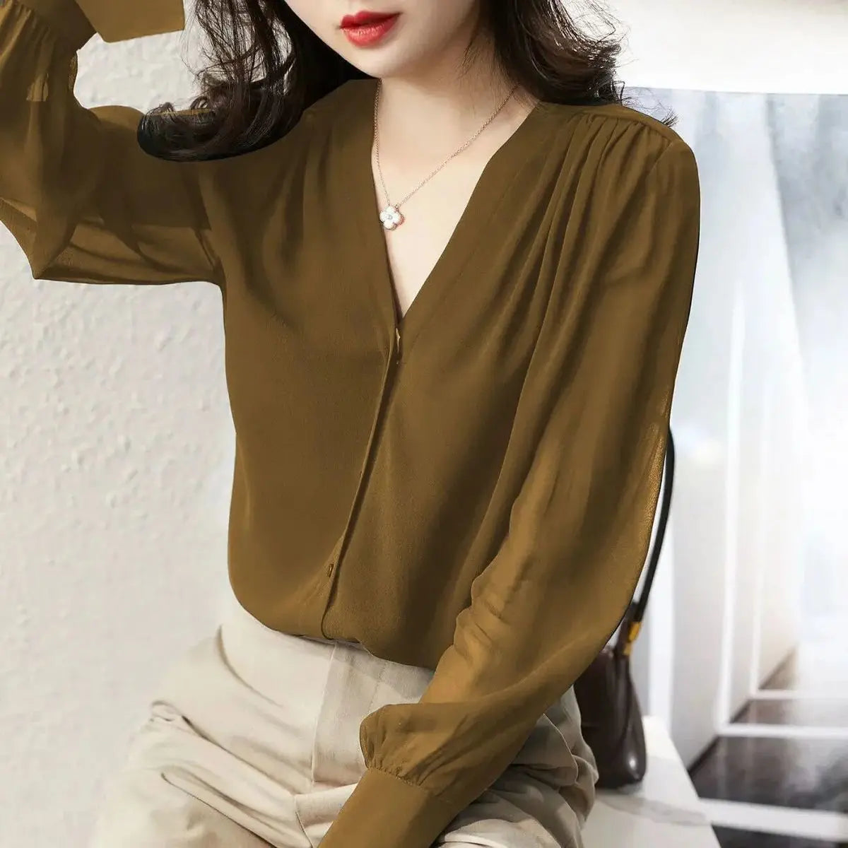 Elegant Chiffon Long Sleeve Blouse Tops