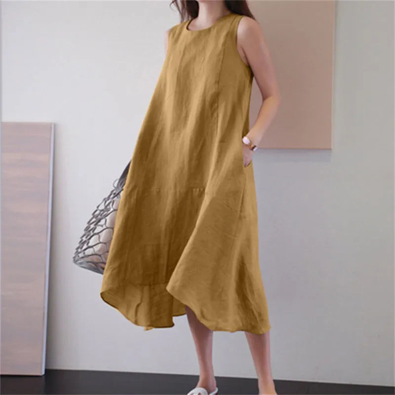 Loose Cotton Linen Pocket Round Neck Sleeveless Dress