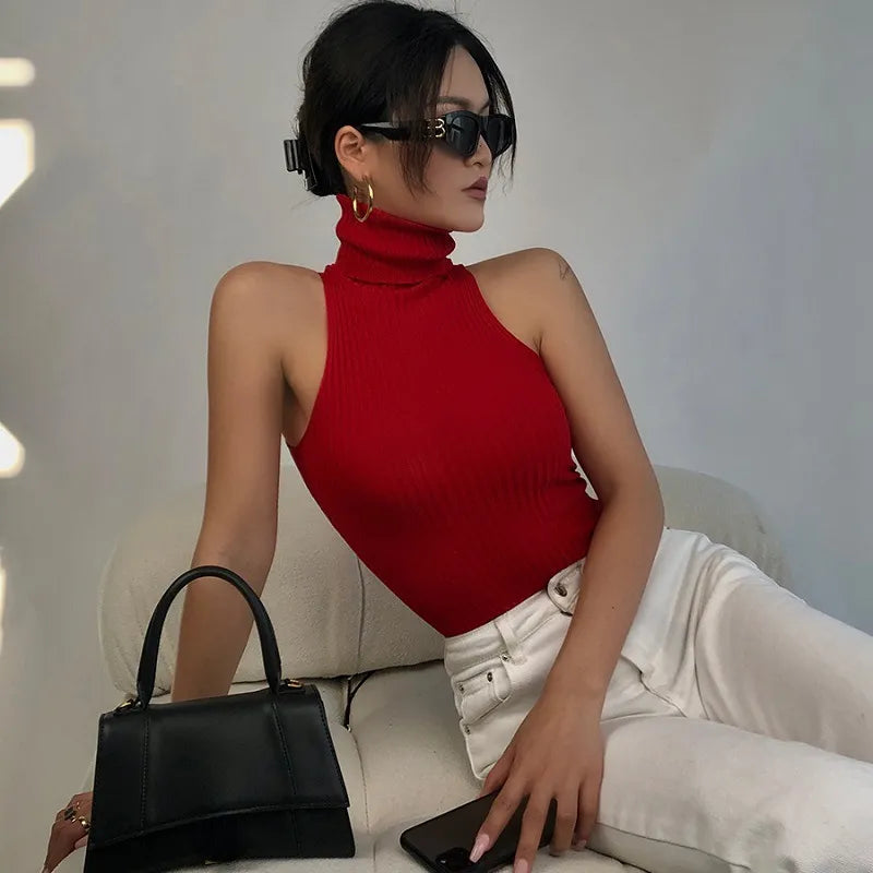 Sexy Knit Tank Top Turtleneck Crop Tops Women